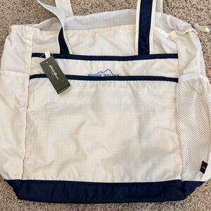 NWT Eddie Bauer Classic Large Nylon Zipper Tote Bag Natural (Cream) w/ Navy